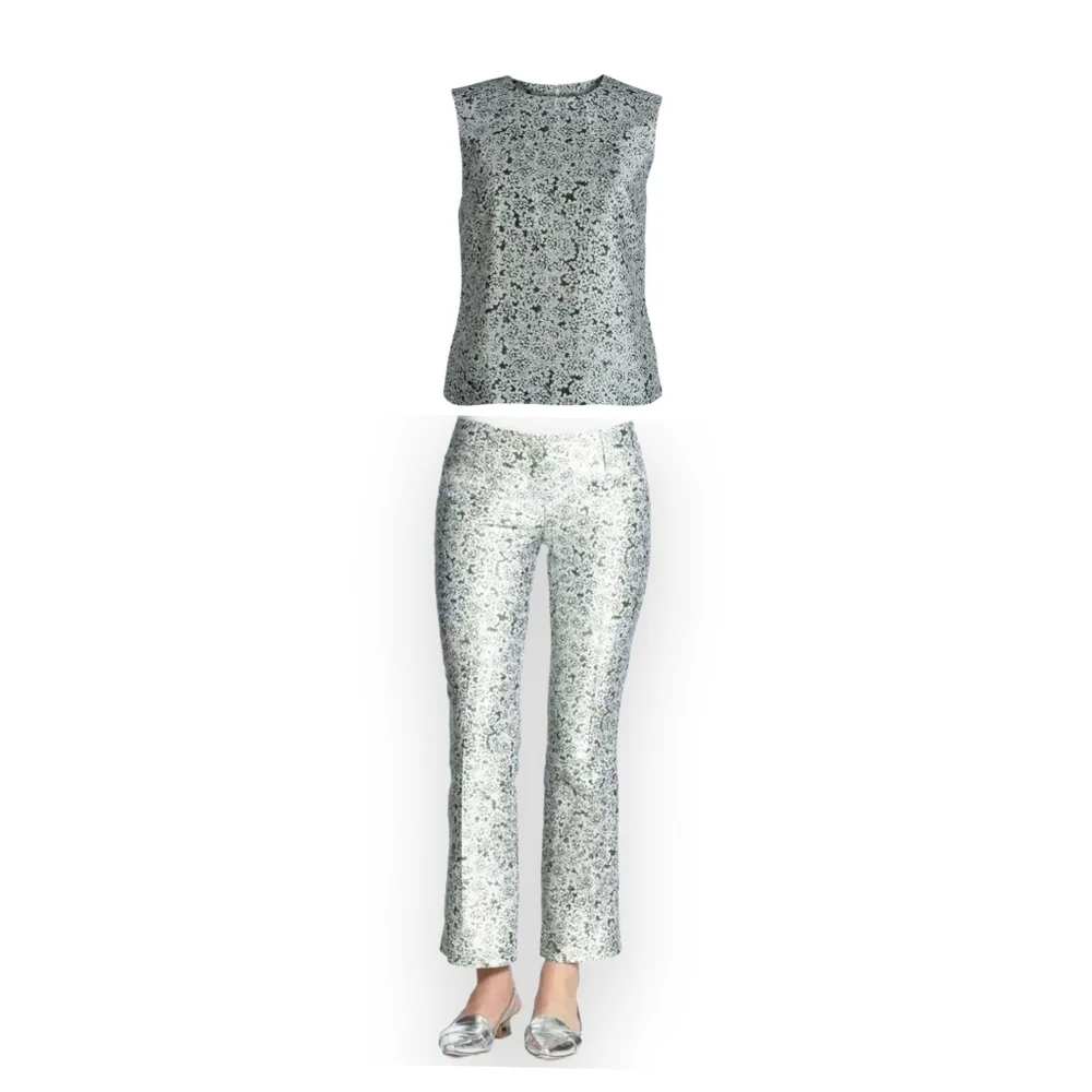 Tory Burch Green And White Floral Printed Silk Trouser Set Size 2